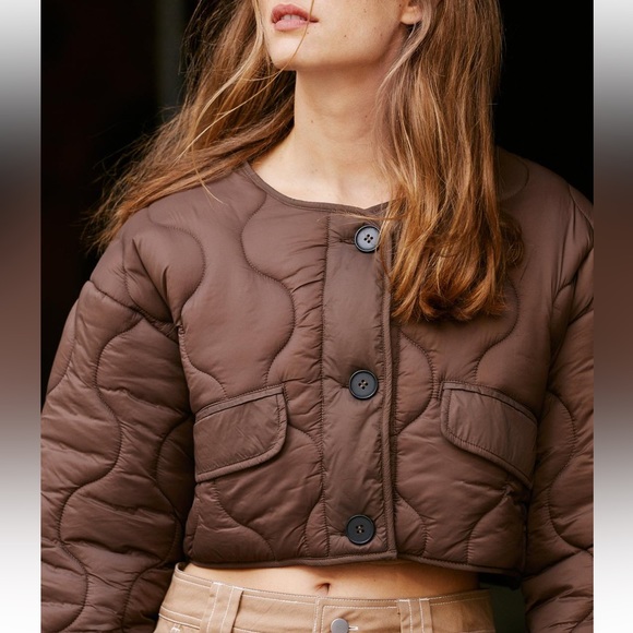 Brown Cropped Quilted Button Down Puffer Coat - Picture 4 of 7